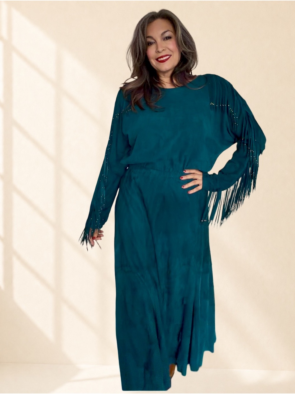 Vintage 90s West River Teal Suede Fringe Top Maxi Skirt Set L XL